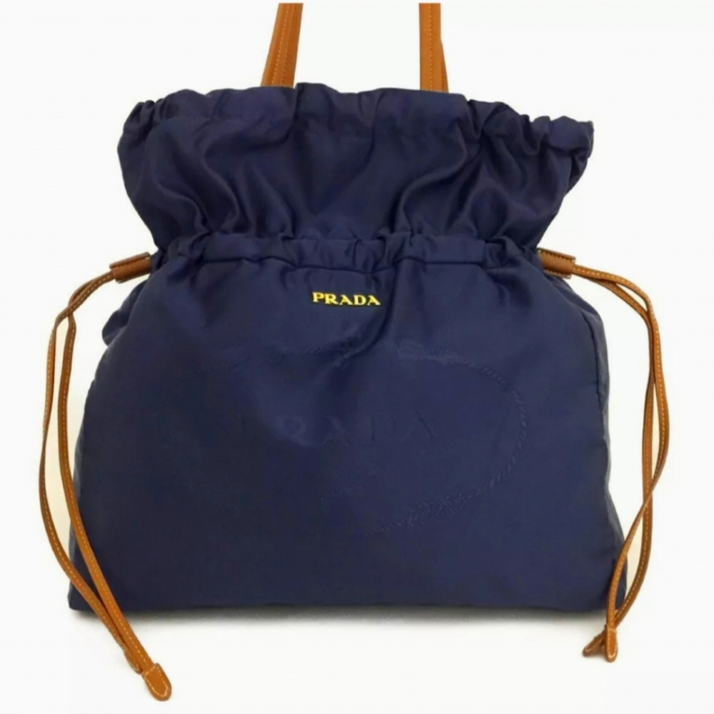 PRADA LOGO NAYY NYLON DRAWSTRING SHOULDER TOTE BAG/R1103
